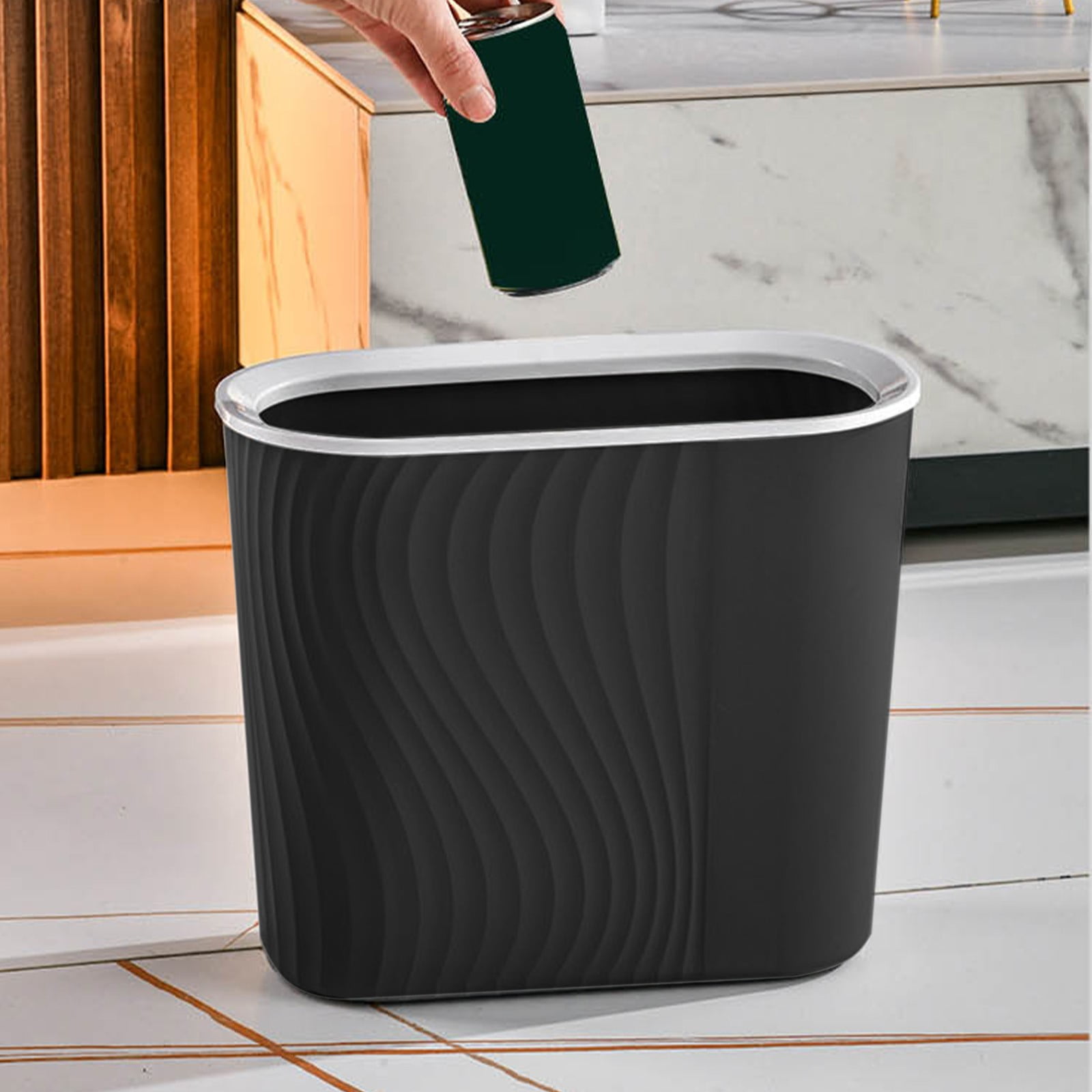 Cagogo Wastebasket, Plastic Trash Can, Striped Seamless Design for Home Kitchen Bathroom, Blue Gray White Small Garbage Bin for Office Garage Dorm