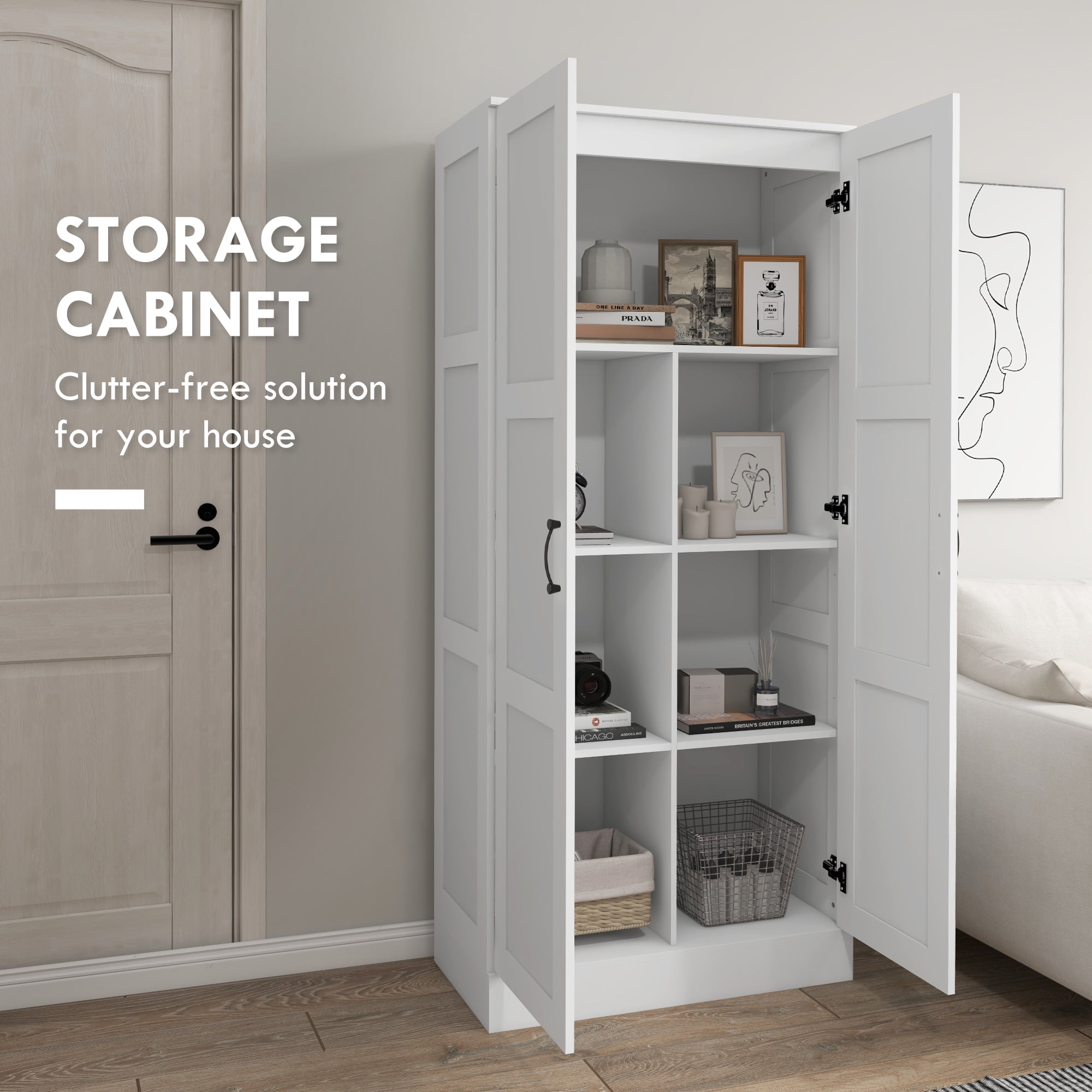 HOMCOM Storage Cabinet w/ Storage Shelves, Pantry Cupboard Cabinet, White