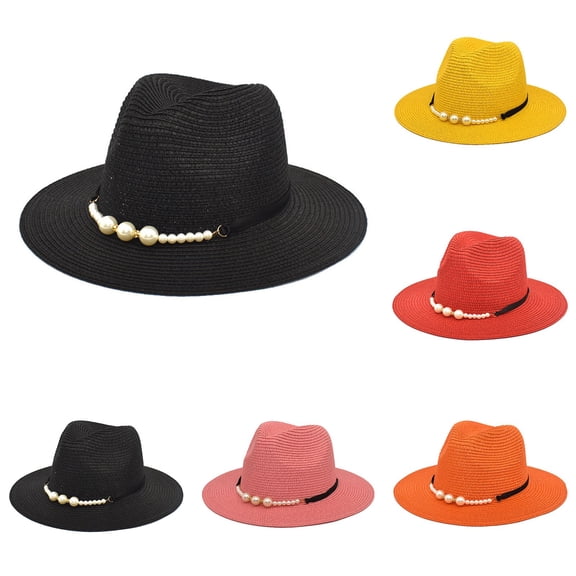 LSQii Summer Sun Hat for Women Retro Elegant Wide Brim Pearl Straw Sun Hat UV Protection Belt Panama Cap Black for Vacation Travel Go Out Daily Waer Trendy