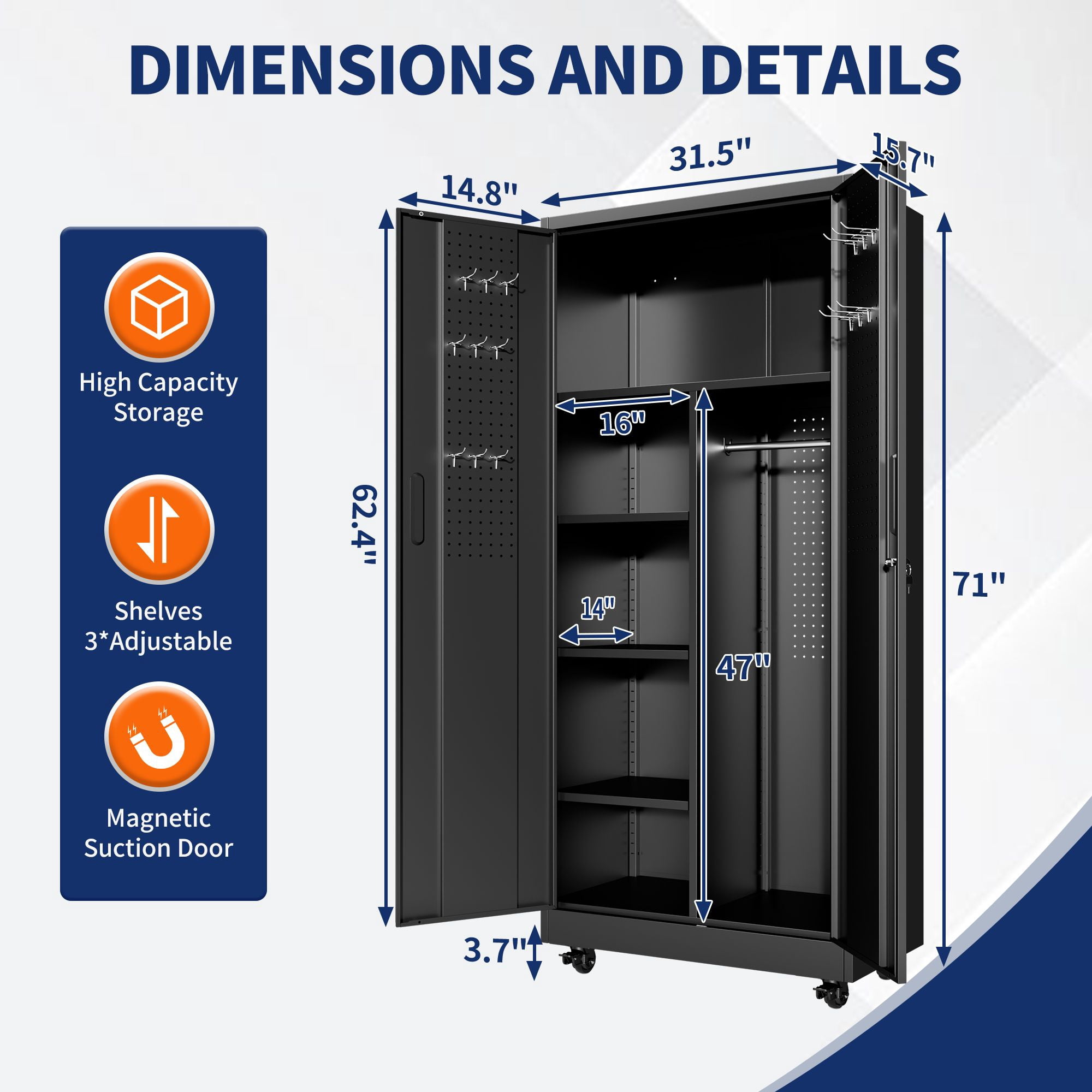Steel Storage Cabinet with Lockable Doors, 71 in Freestanding Metal Wardrobe with Adjustable Shelves and Hanging Rod for Home, Office, School, Garage