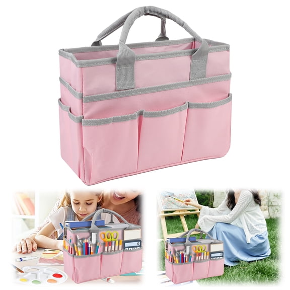 Art Organizer Craft Storage Tote Bag with Pockets and Handles, Oxford Fabric Carrying Caddy for Teacher, Officer, Artist, Traveler, and more(Pink)