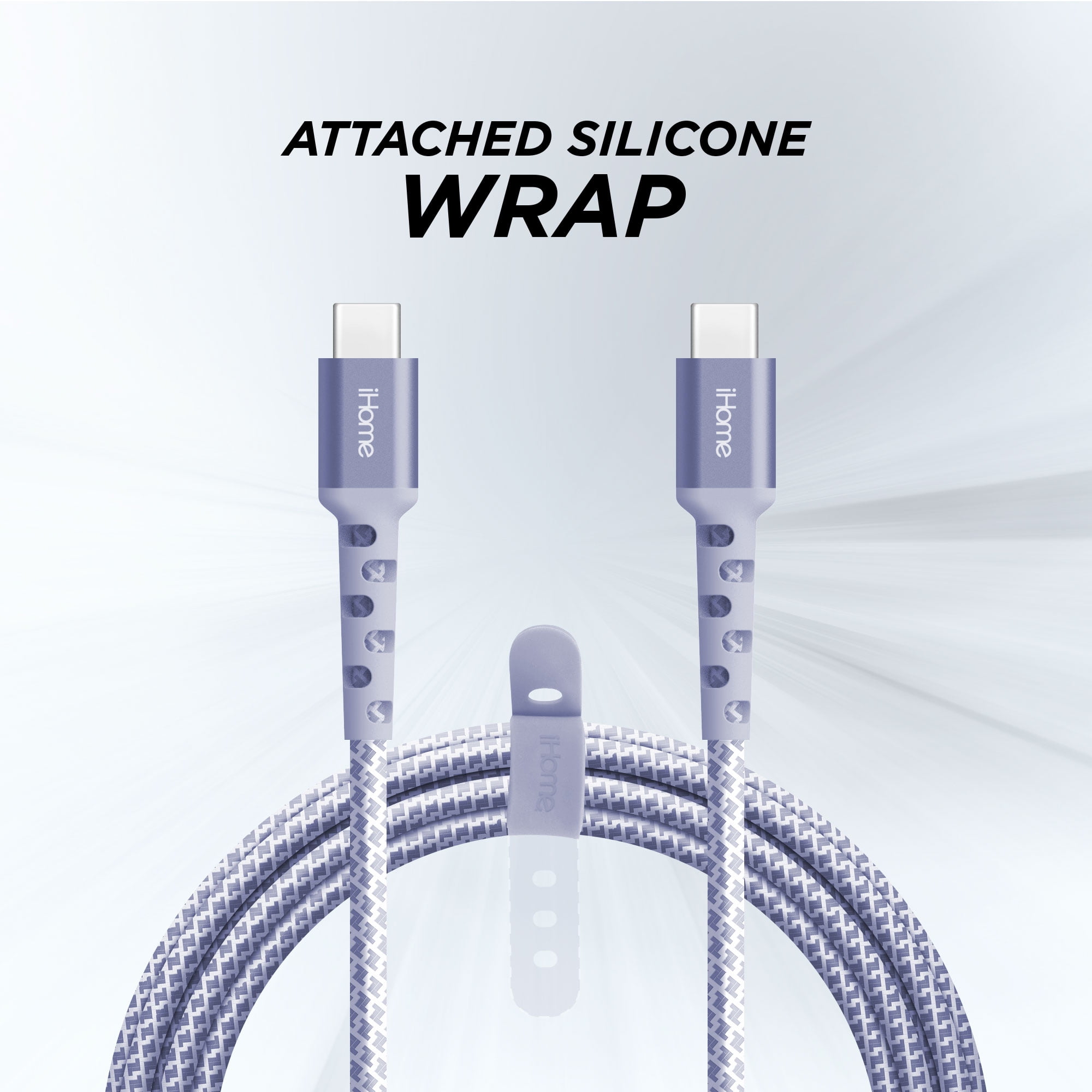 iHome 6' USB-C to USB-C Cable, Nylon with Wrap, Purple