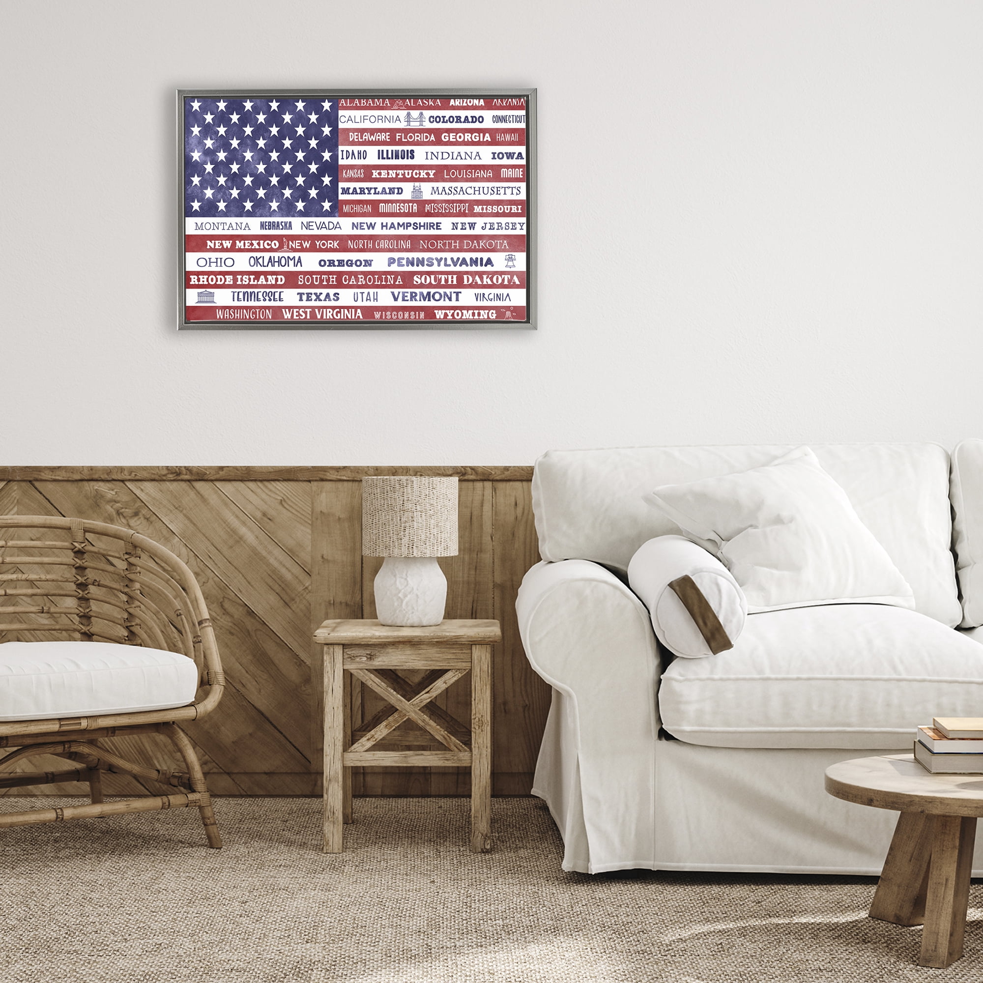 Stupell Industries States Of America Flag Gray Framed Floater Canvas Wall Art, design by Daniela Santiago