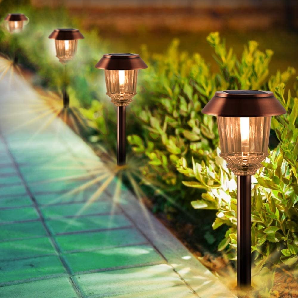Pair of Warm White LED Solar Powered Glass Lantern Garden Path Stake Lights 