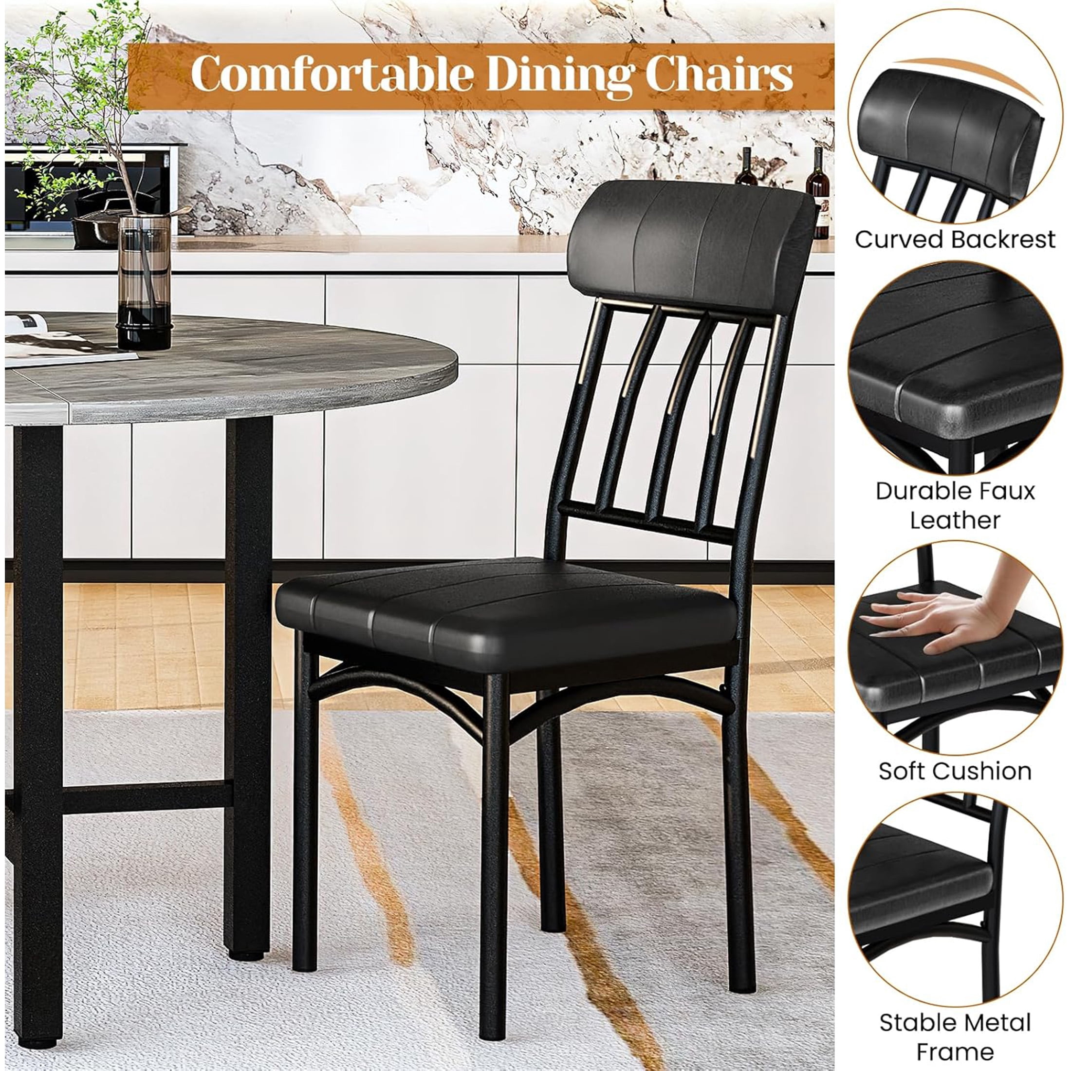 LinkRomat Round Dining Table Set for 4, Modern Dining Room Sets with 4 Faux Leather Chairs, Kitchen Dinner Wooden Table & Chair Set for Small Space, Grey
