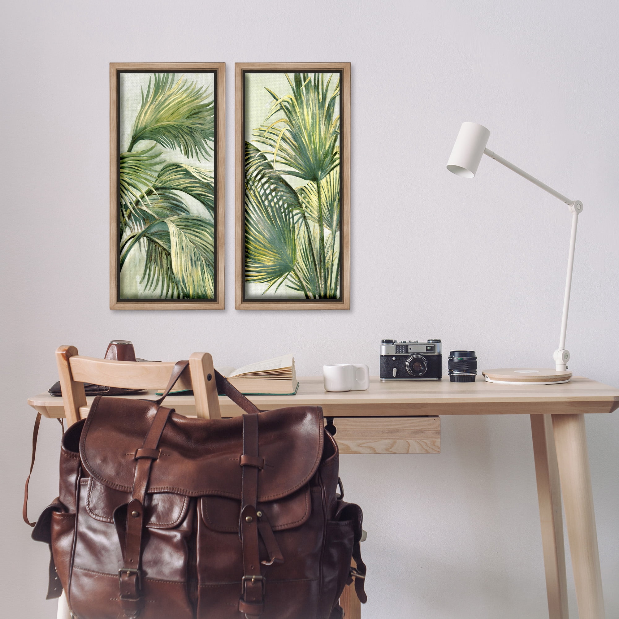 Stupell Industries Swaying Green Palms Botanical & Floral Painting Brown Floater Framed Canvas Art Print Wall Art, 11 x 25, Set of 2