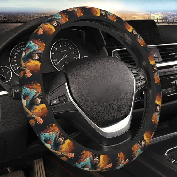 Steering Wheel Cover Anti-Slip Elastic Car Protective Universal 15 Inch Fit for Vehicles Auto SUVs , Monkey Playing Guitar Cool