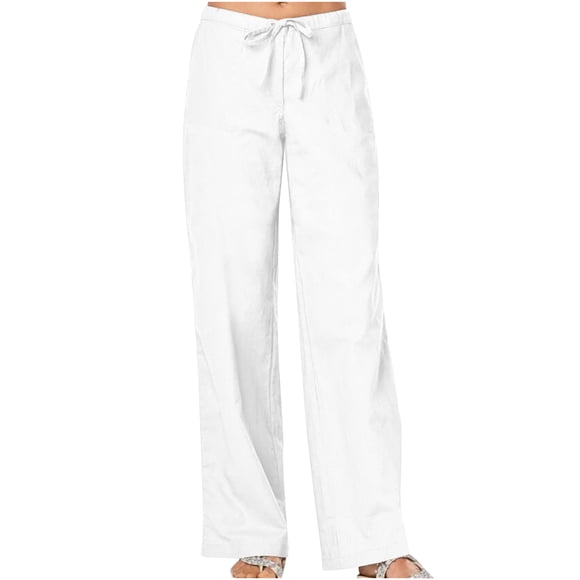 Chbgutlmr Lounge Pants for Women Cotton Linen Drawstring Elastic Waist Straight Leg Loose Casual Trousers
