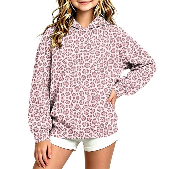 Lutiedan Girls Leopard Print Hoodie Oversized Fleece Fall Winter Hooded Sweatshirts Long Sleeve Casual Pullover Top Size 3-13,Pink
