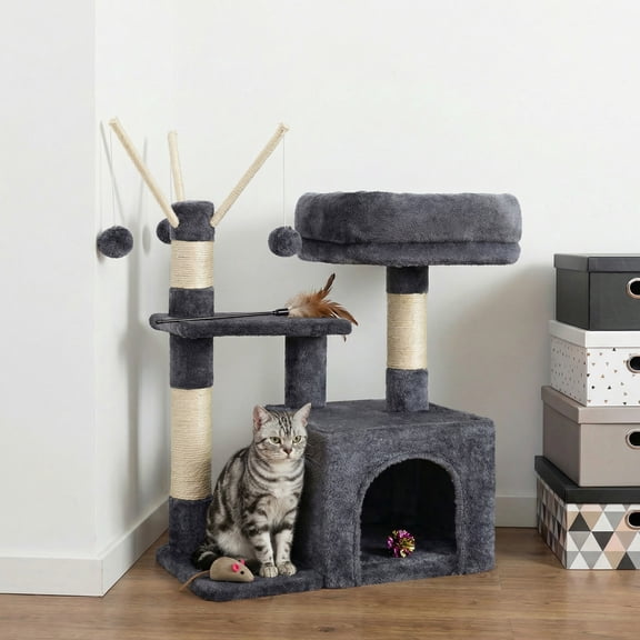 Feandrea Árbol para Gatos, Condominio Pequeño para Gatos, 72 cm, 3 Pompones, Gris Ahumado