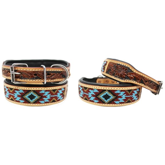 Small 13''- 17'' Hand Tooled Beaded Padded Leather Dog Collar  60162