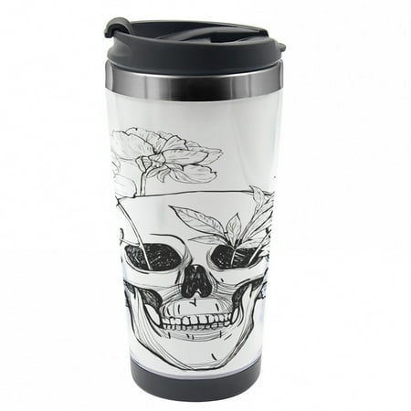 

Day of the Dead Travel Mug Skulls Butterflies Steel Thermal Cup 16 oz by Ambesonne