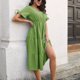 thumbnail image 5 of Vestido largo de mujer con cuello en V, manga corta, dobladillo con volantes, vestido casual de color puro para uso diario, 5 of 7