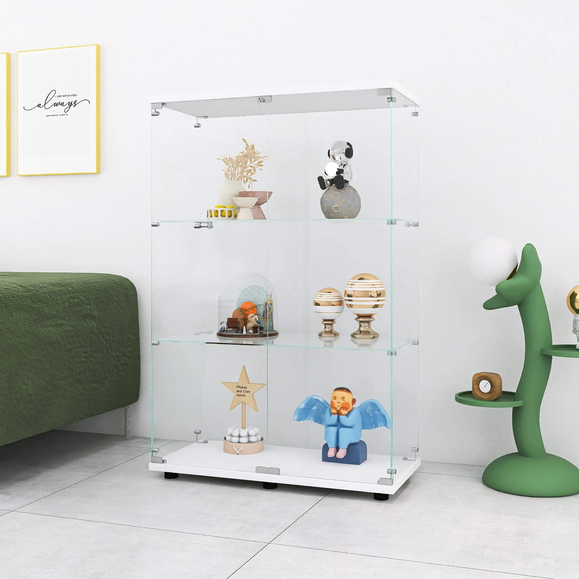 MAYEERTY Glass Display Cabinet 3 Shelves with Double Door, Floor Standing Glass Bookshelf, 49.3"×31.7"×14.3", White