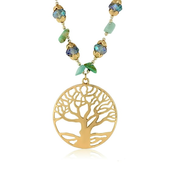 Gem Stone King Tree Of Life Medallion Colorful Beaded Handmade Statement Necklace for Women with 16 inches and 2 inch Extender