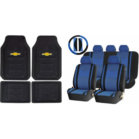 Chevy Chevrolet All Weather Pro Heavy Duty Rubber Front Rear Floor Mats Blue Black Mesh Seat Covers Steering Set