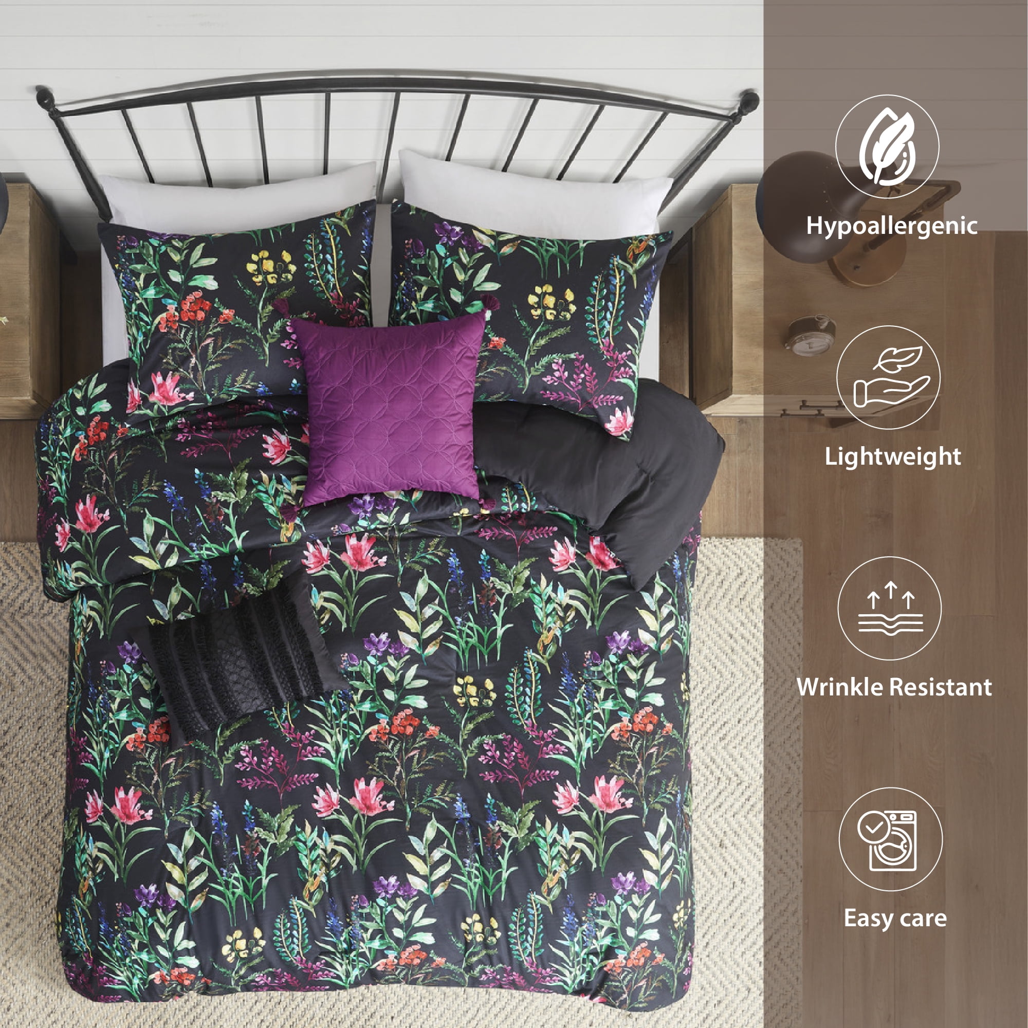 Madison Park 5-Piece Floral Comforter Set with Decor Pillows,Full/Queen, Black