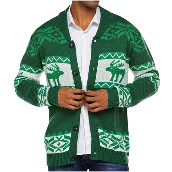 IROINNID Men's Long Sleeve Mid-Length Cardigan Jacket Graphic Prints Leisure Christmas Button Closure Knit Cardigan Stand Collar Sweater Jacket