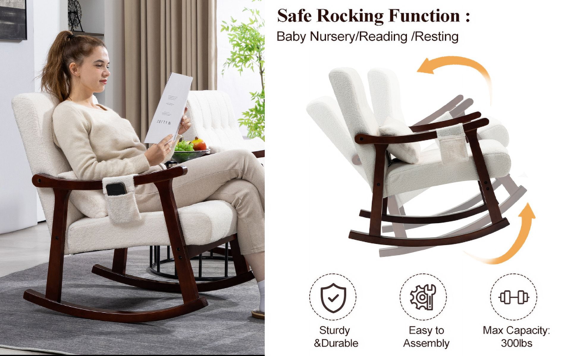 Rocking Chair with Massage Lumbar Support,Upholstered Glider Chair with Side Pocket, Nursery Rocker with High Backrest,Rubber Wood Legs, Rocking Accent Armchair for Living Room Bedroom Nursery