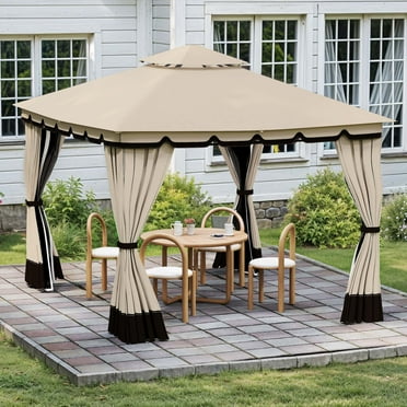 Uforic 10'x12' Outdoor Double Roof  Gazebo,Patio Gazebo w/Netting & Curtains, Patio Garden Tent with Steel Frame for Lawn, Backyard, Khaki