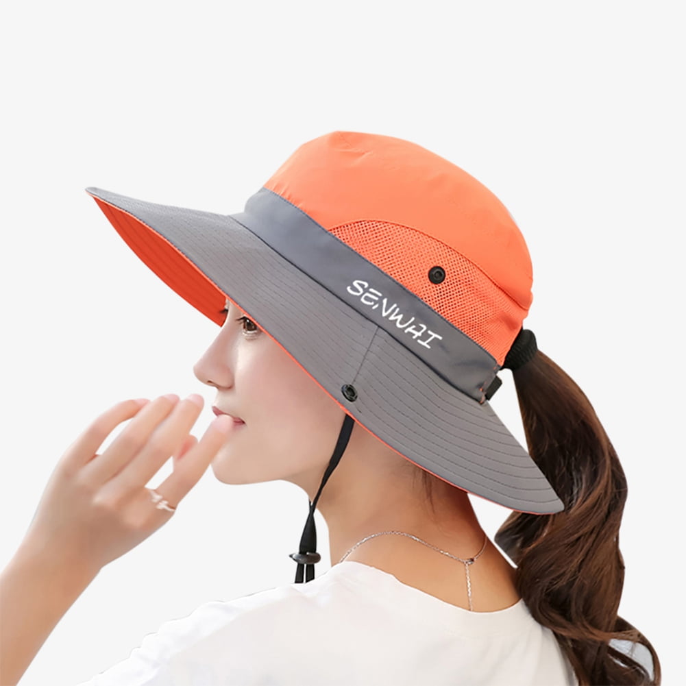 Wide Brim Boonie Hat w/Ponytail Hole UV Sun Protection Safari Cap w/Neck Flap