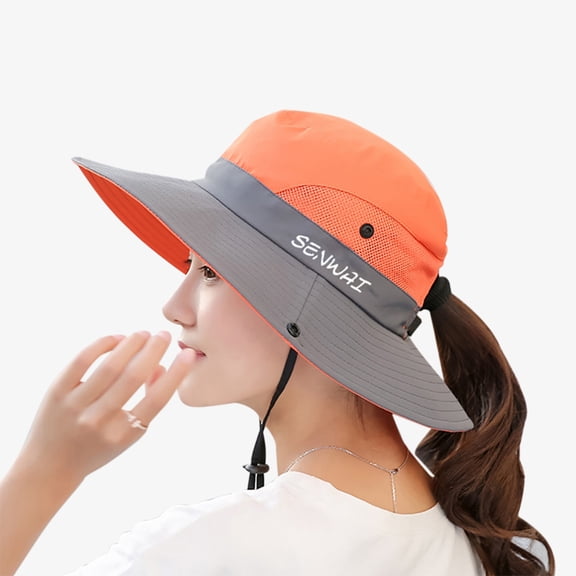 Ochine Summer Ponytail Boonie for Women, Waterproof, Outdoor UV Sun Protection, Wide Brim Packable High Ponytail Hat with Adjustable Drawstring, Safari Cap for Travel Fishing Beach Outgoing