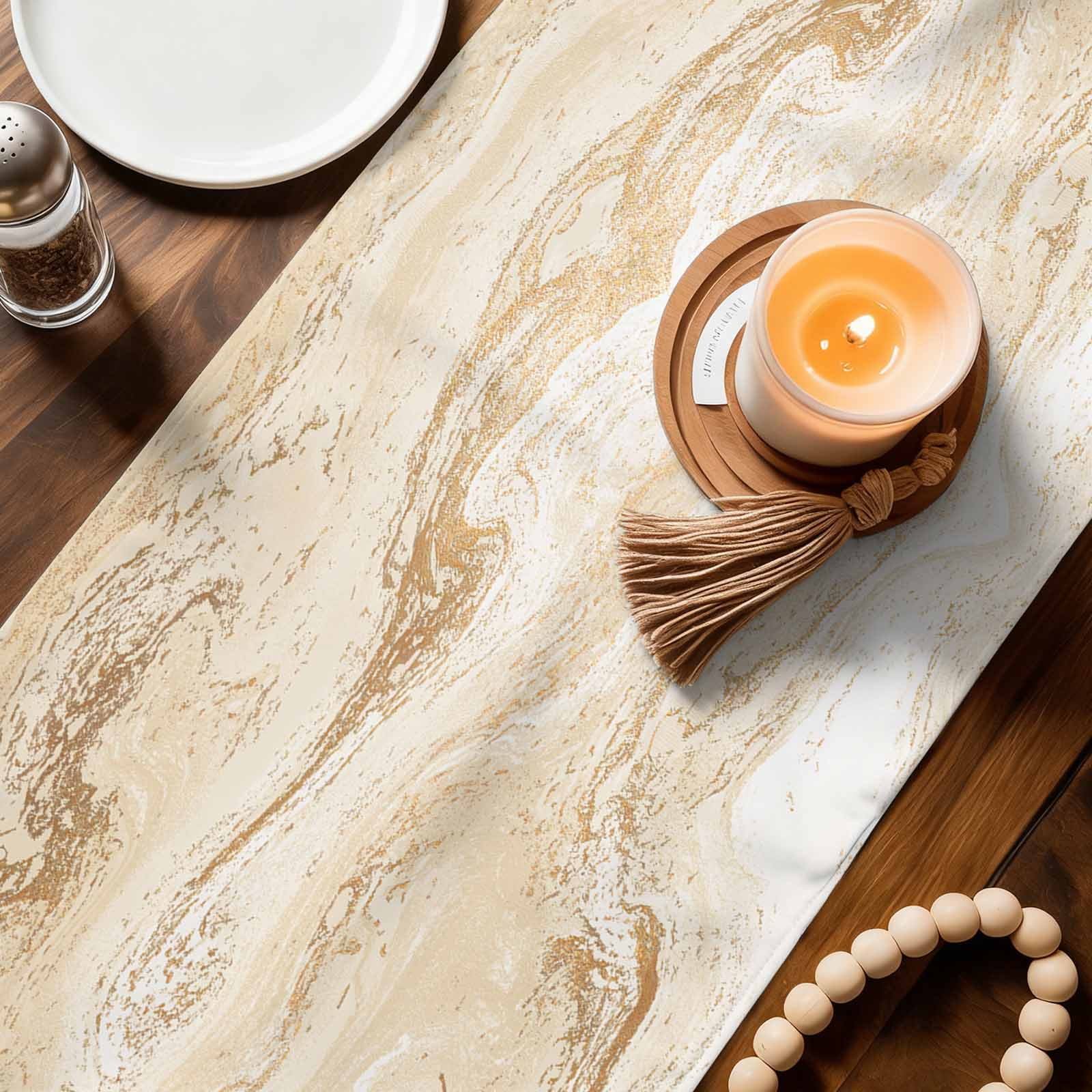 Beige Marble Table Runner, Chic Neutral Minimalist Fluid Aesthetic Washable Cotton Linen Table Runners 72 Inches Long, Dresser Scarf Runner for Dining/Coffee/Kitchen/TV Stands/Cabinets 13''x72''