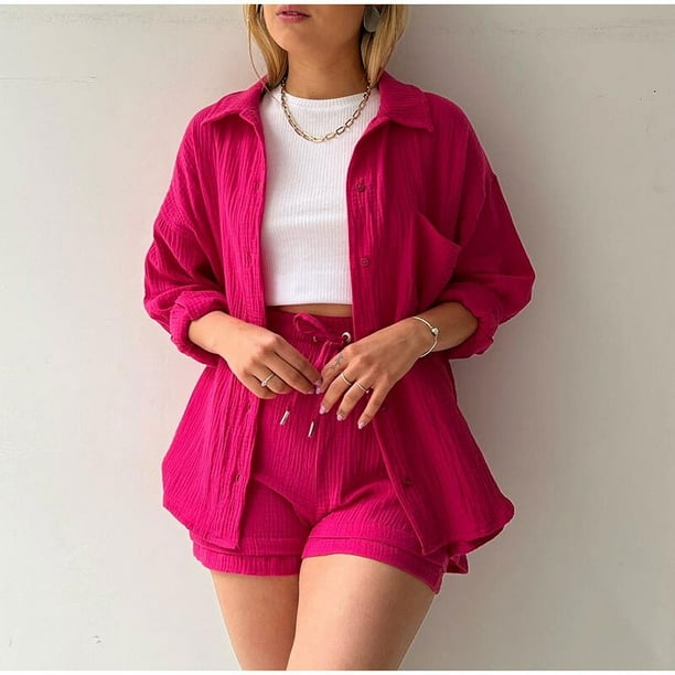 Conjunto de pantalones cortos de chandal informal para mujer camiseta de manga larga de verano Tops y Mini pantalones cortos con cordon traje de salon conjunto de dos piezas Tan Jianjun unisex