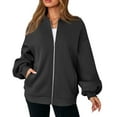 thumbnail image 3 of WTOBBY Women's Oversized Zip Up Jacket, Solid Color V-Neck Long Sleeve, Loose Fit Casual Outerwear, Street Fashion Style, Comfortable Lightweight Coat,Dark Gray L, 3 of 6