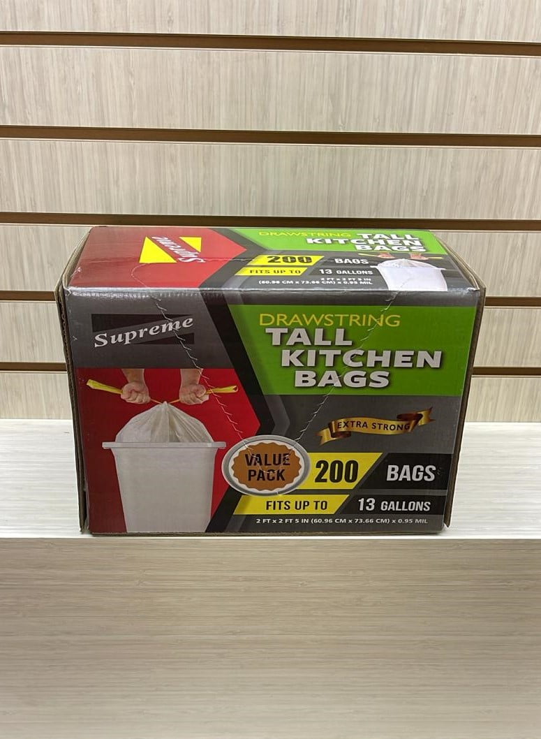 Supreme Tall Kitchen Drawstring 13-Gallon Trash Bags, 200 Bags