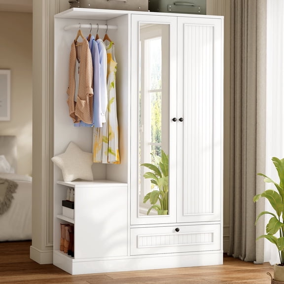 Virans Armoire Wardrobe Closet with Mirror,67" Tall Wardrobe Closet with 2 Door,Hanging Rod and 3 Open Shelves,Large Capacity Clothing Storage Cabinet for Bedrooms,White