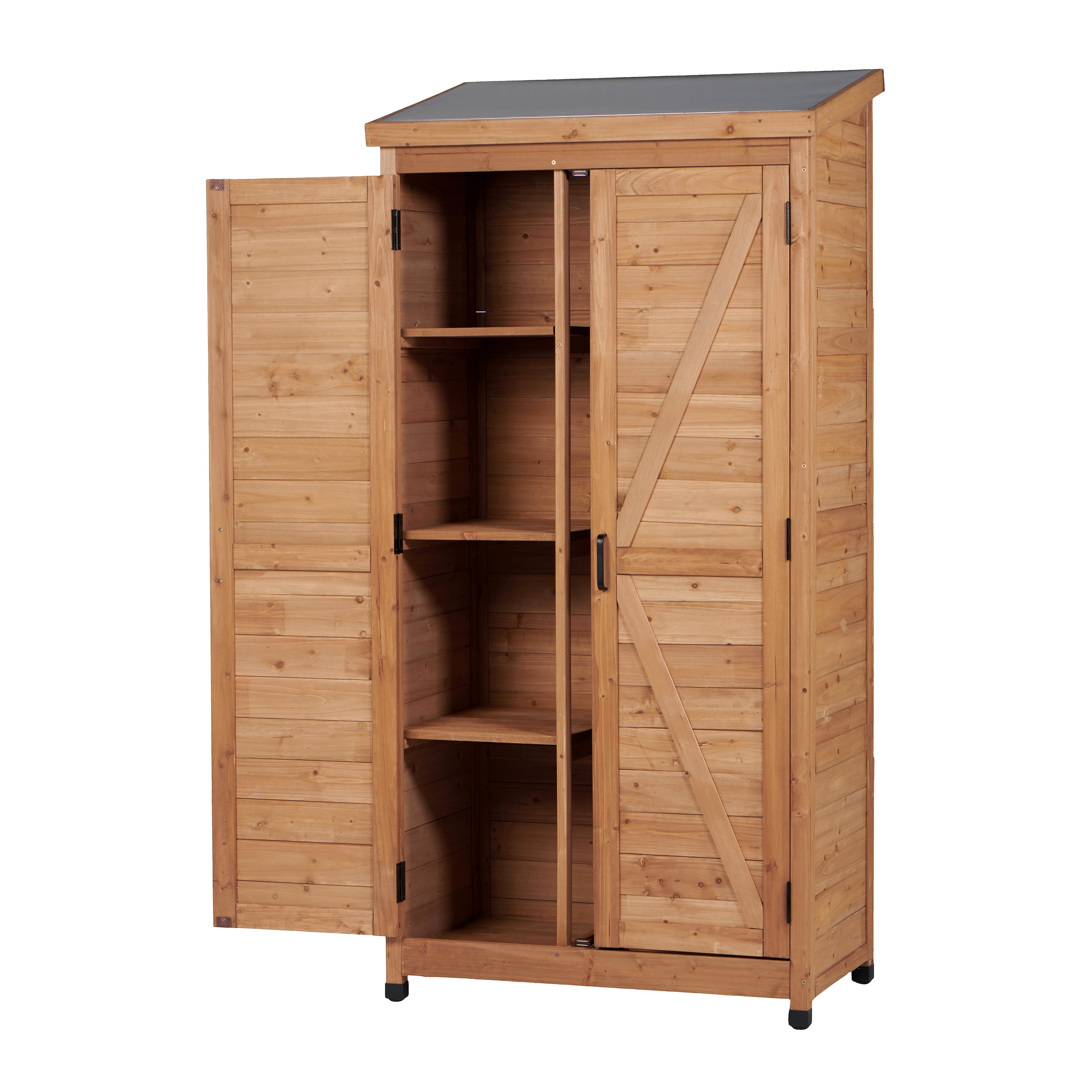 Outdoor Wooden Storage Shed with Metal Top and Double Doors, Tall Vertical Tool Cabinet and Garden Organizer, Gold