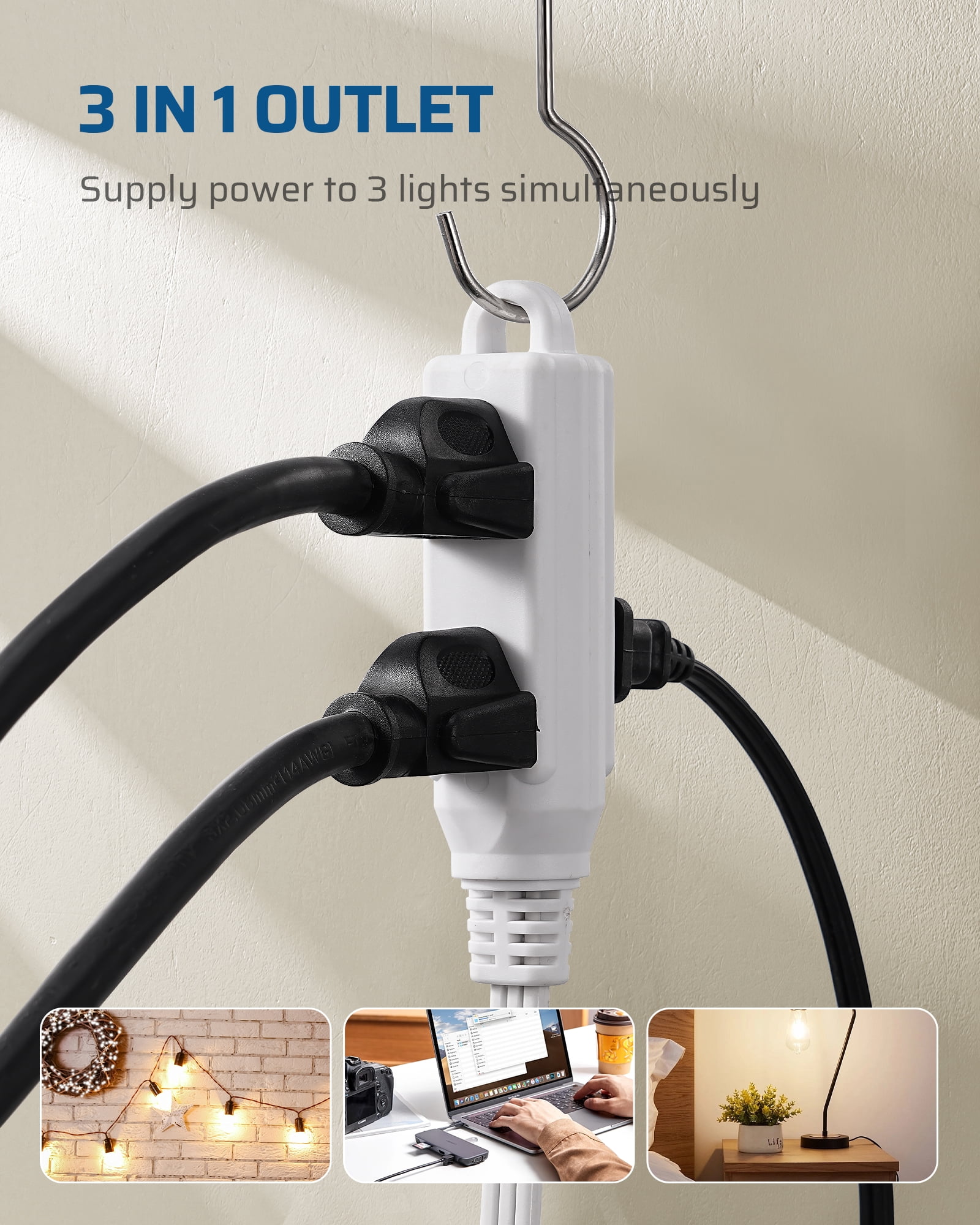 DEWENWILS 3 Outlet Extension Cord with Flat Plug, 20 FT 16/3 Awg Grounded Power Cable for Indoor Use, SPT-3 Cord, White, ETL Listed, 2 Pack