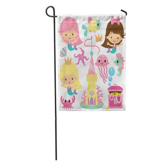 POGLIP Cute Mermaid Cartoon Seahorse Castle Children Crab Fish Funny Girl Garden Flag Decorative Flag House Banner 12x18 inch