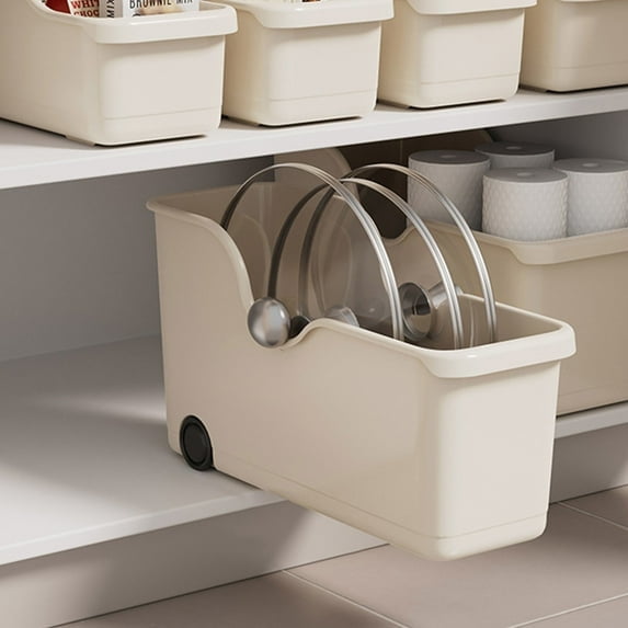 4-Pack Kitchen Pots and Pans Organizer, Pull Out Cabinet Organizer Bin with Rolling Wheels, Bakeware and Cookware Organizer, Muti Purpose Kitchen Storage Box for Countertops/Drawers/Under Sink