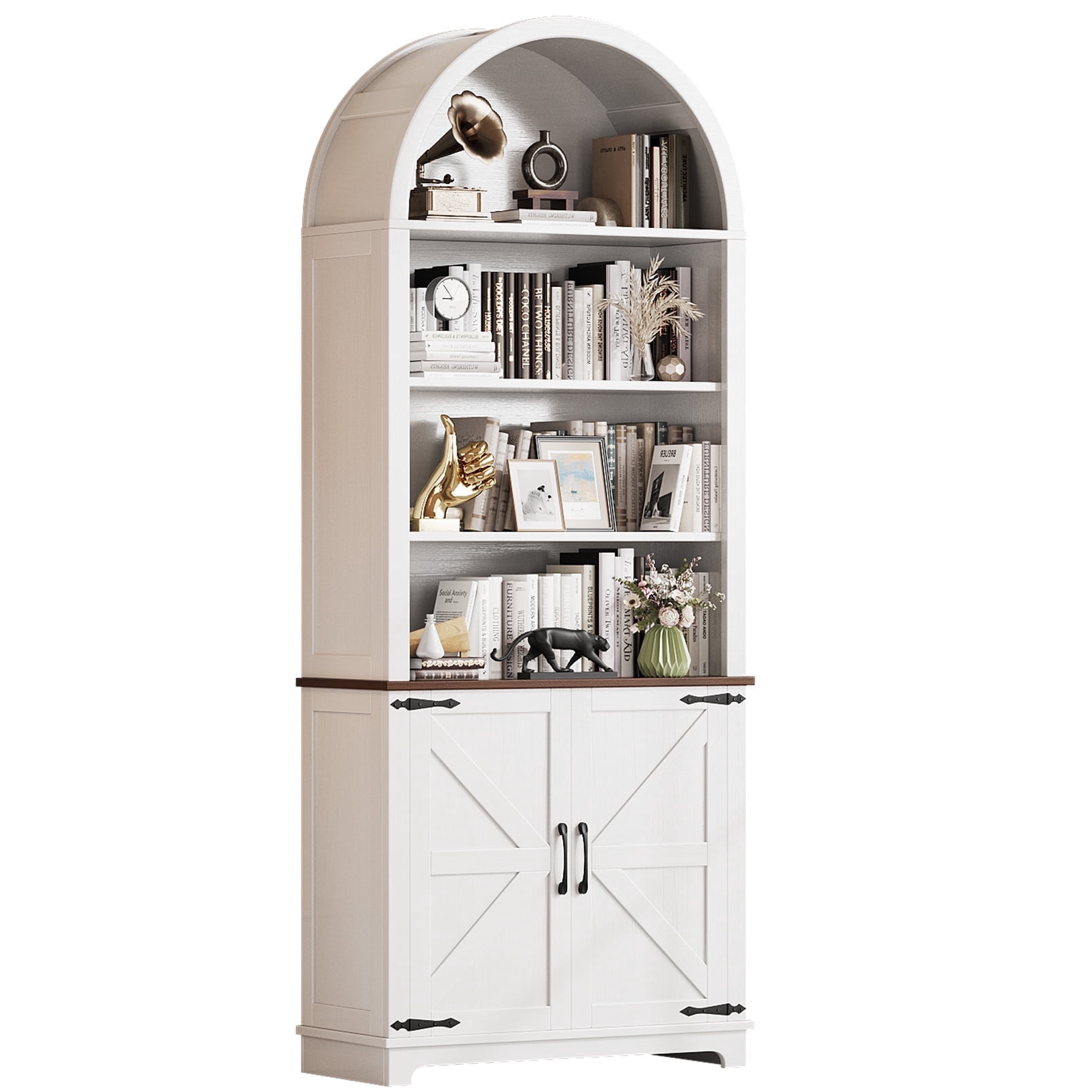 Vividwood Farmhouse Arched 6-Tier Bookshelf Bookcase with Doors, Tall Storage Cabinet, White