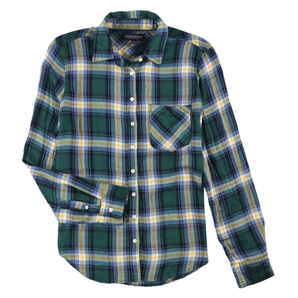 Aeropostale - Camisa de franela a cuadros para mujer, azul, XS Aeropostale Camisa con botones