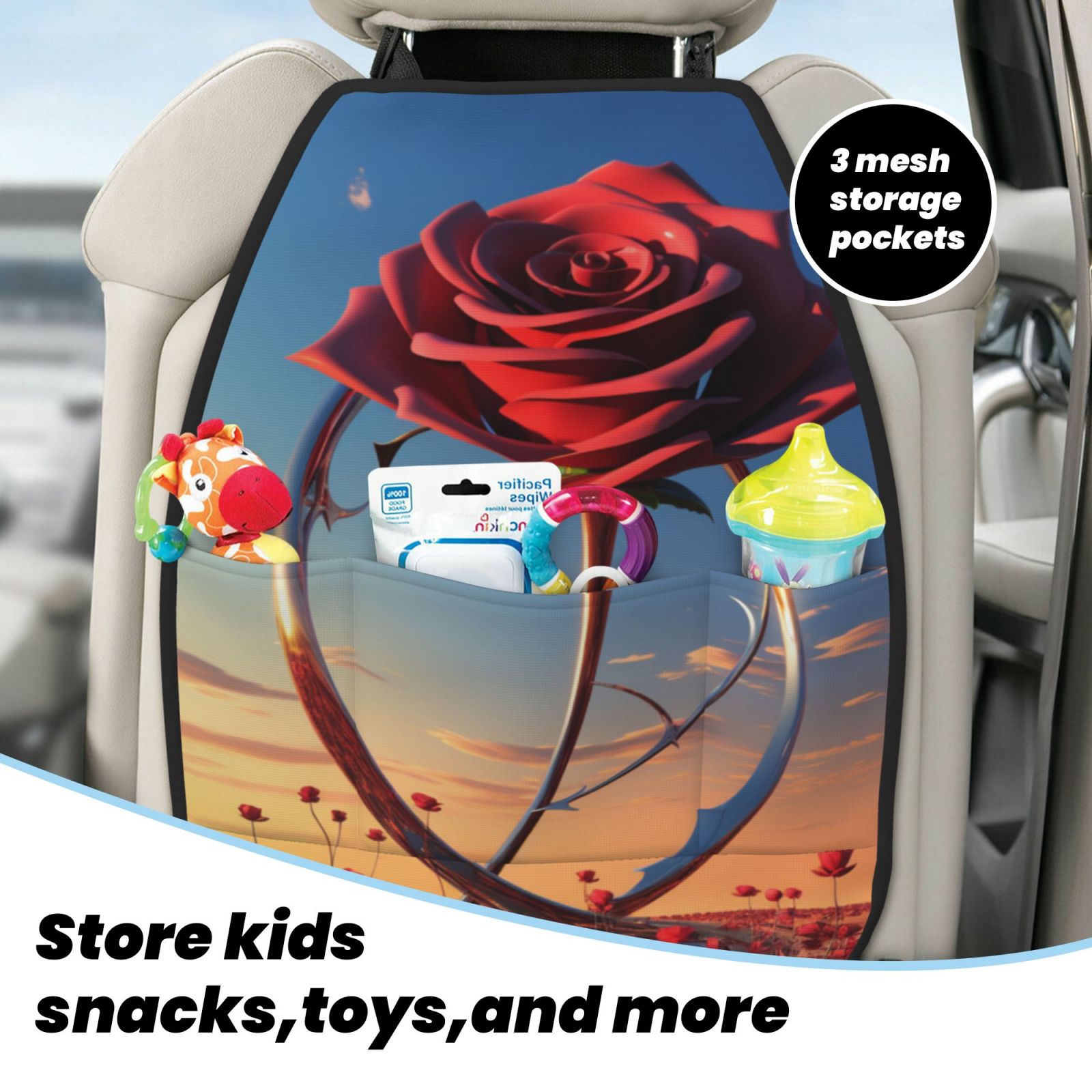 Xecao Sunset Rose Elegance Pattern Car Seat Back Protector 2 Pack Large Capacity Pocket, Kick Mats Back Seat Protector