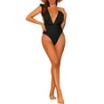 thumbnail image 2 of Women's 1 Piece Swimsuits V Neck Ruffled Swimwear Monokini Tummy Control Bathing Suit Black M, 2 of 5
