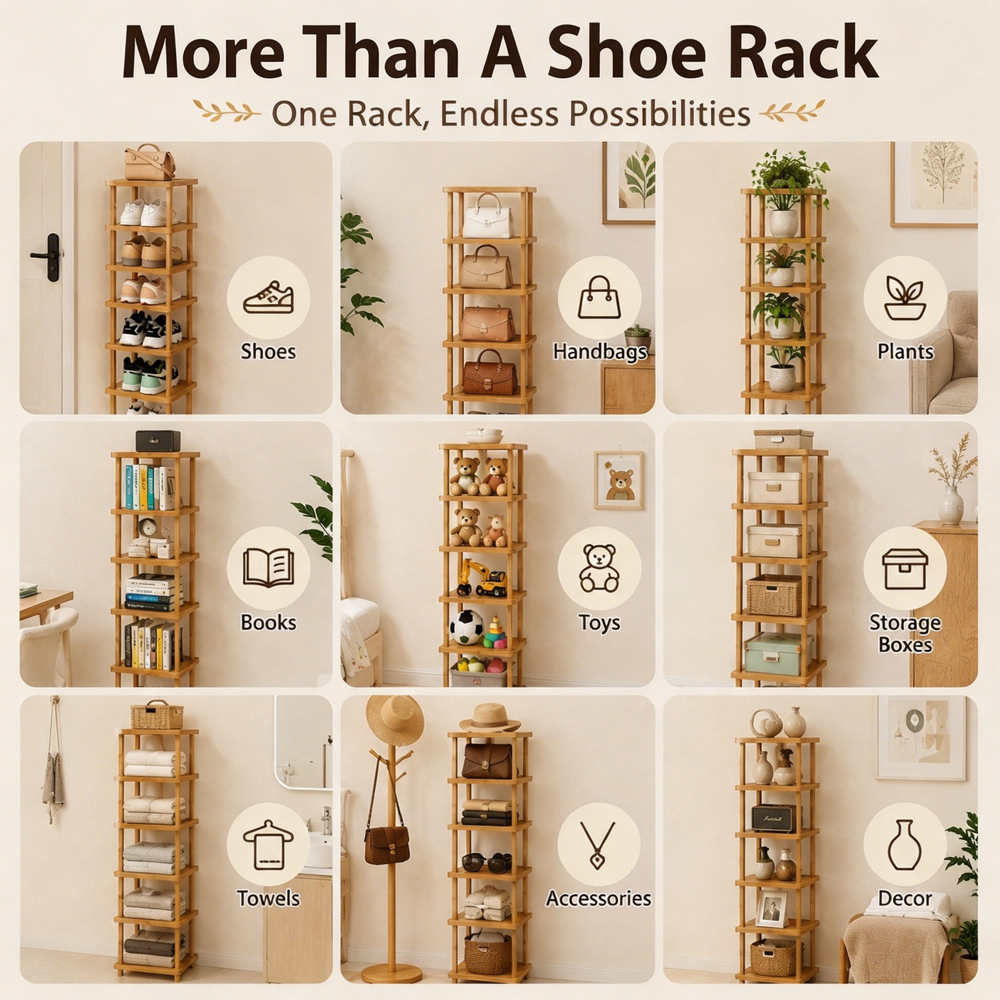 6 Tier Bamboo Shoe Rack, Narrow Vertical Shoe Organizer for Entryway, Closet and Small Spaces, Holds Up to 6 Pairs