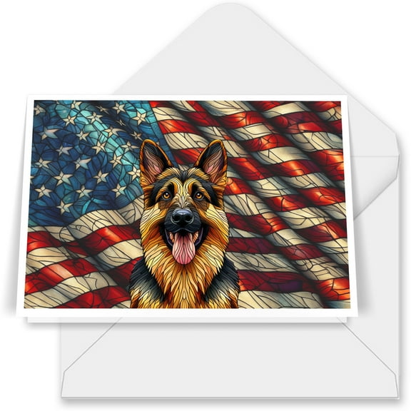 Patriotic German Shepherd Stained Glass Portrait American Flag 7x5in Folded Greeting Card Alsatian Dog Lover Gifts Single Note Card with Envelope - 01010