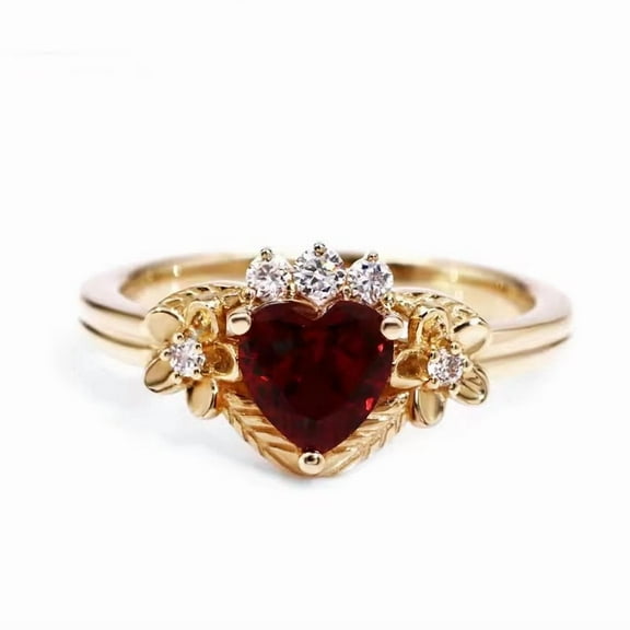 Romantic 6.0mm Heart Cut Lab-Created Ruby & Diamond Ring - Flower and Leaf Inspired Design, Exquisite Jewelry for Women, Perfect for Special Occasions