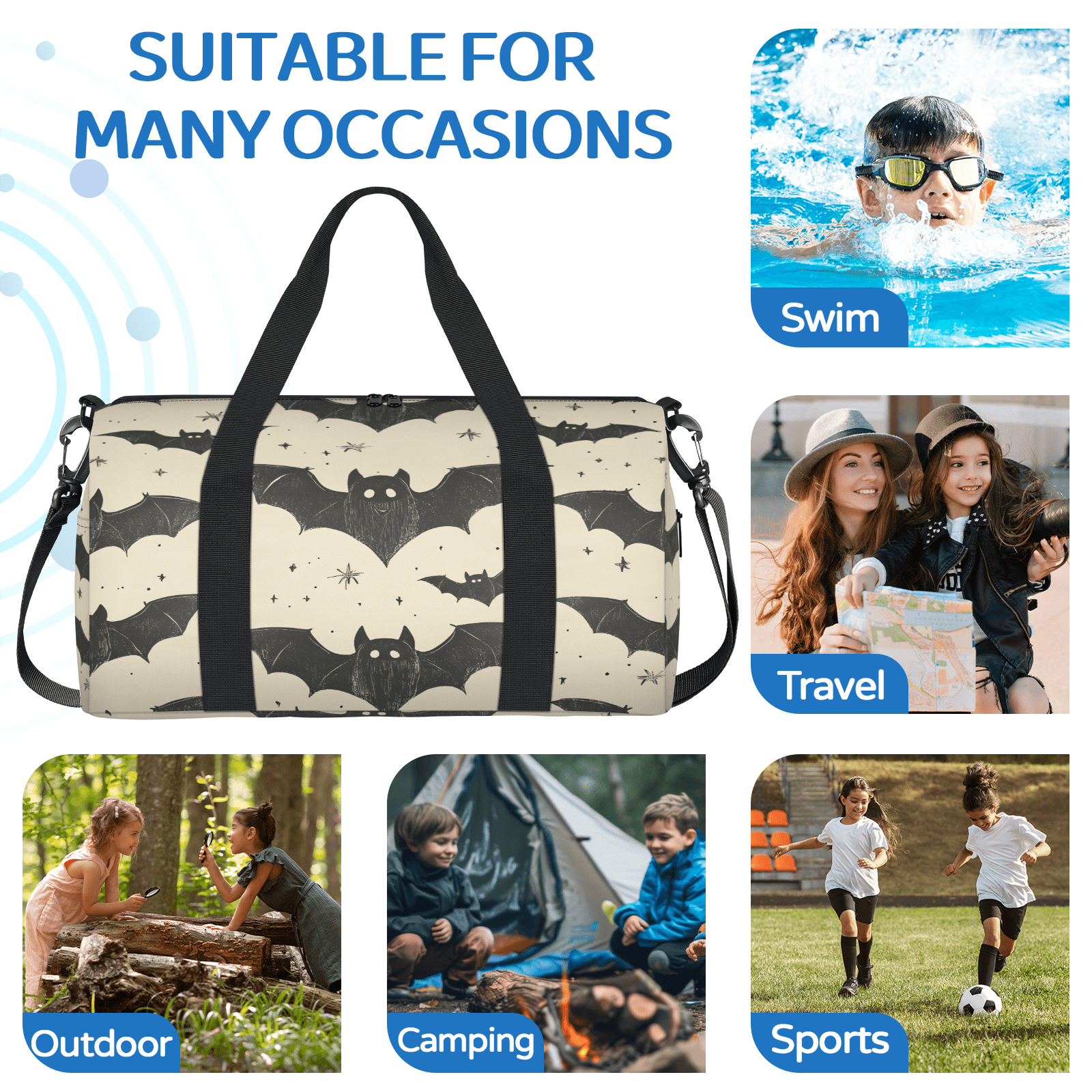 Herdesigns Bat Travel Duffle Bag Sports Yoga Weekender Overnight Carry on Workout Bags Lightweight Waterproof Gym Tote Bag for Women Black Bat