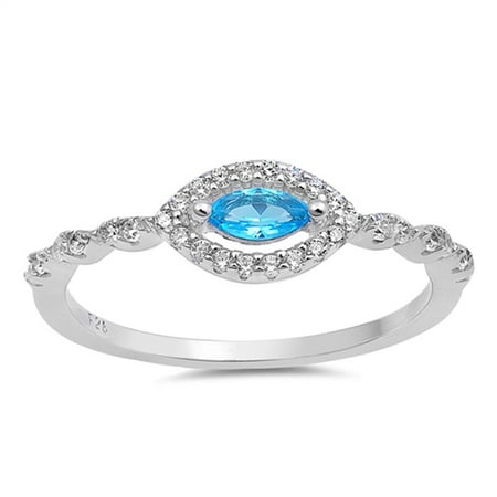 Aquamarine Ring Band - CHOOSE YOUR COLOR Evil Eye Simulated Aquamarine Fashion Halo Ring New 925 Sterling Silver Band