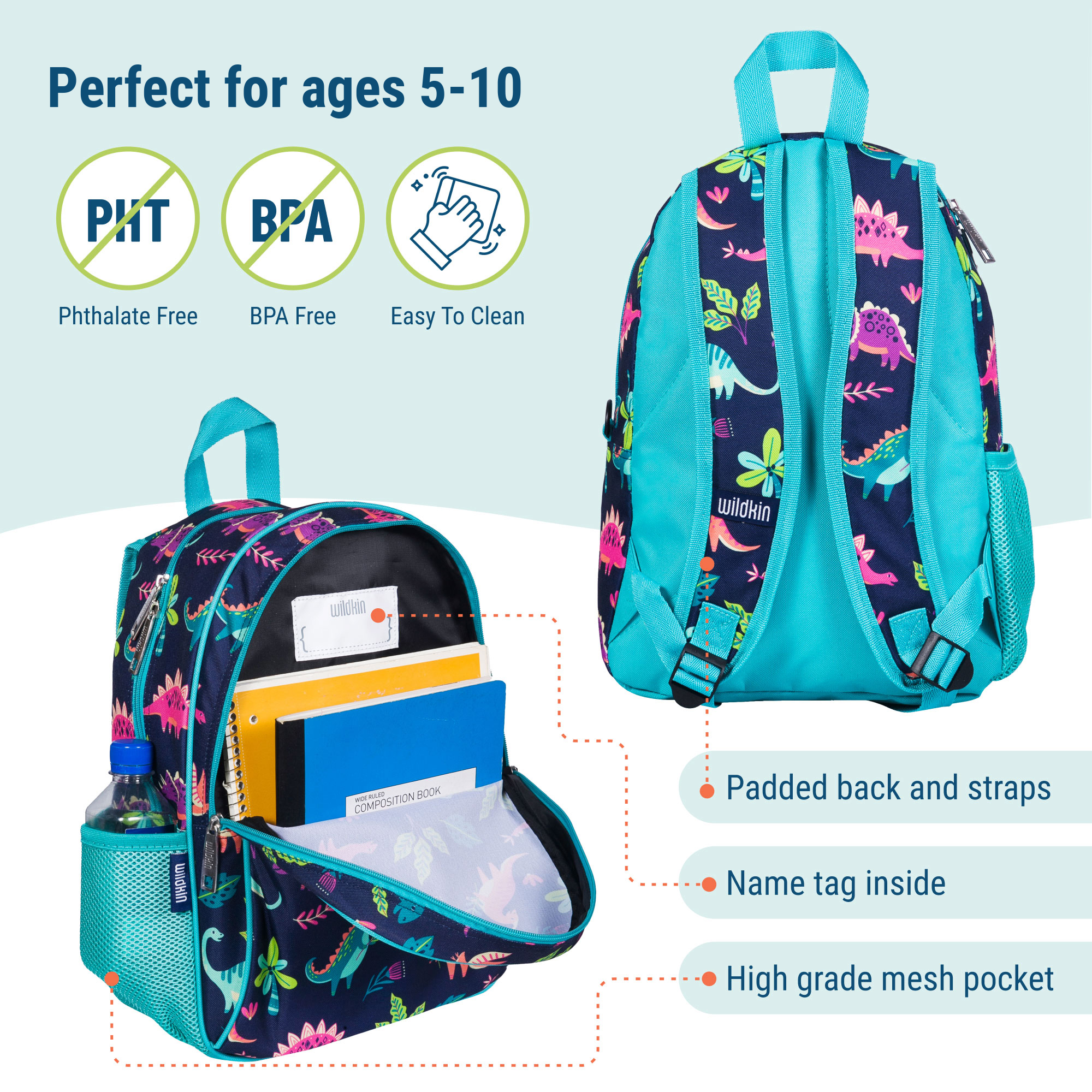 Mochila escolar y de viaje Wildkin para niños y niñas de 15 pulgadas (Dino Pals) 7