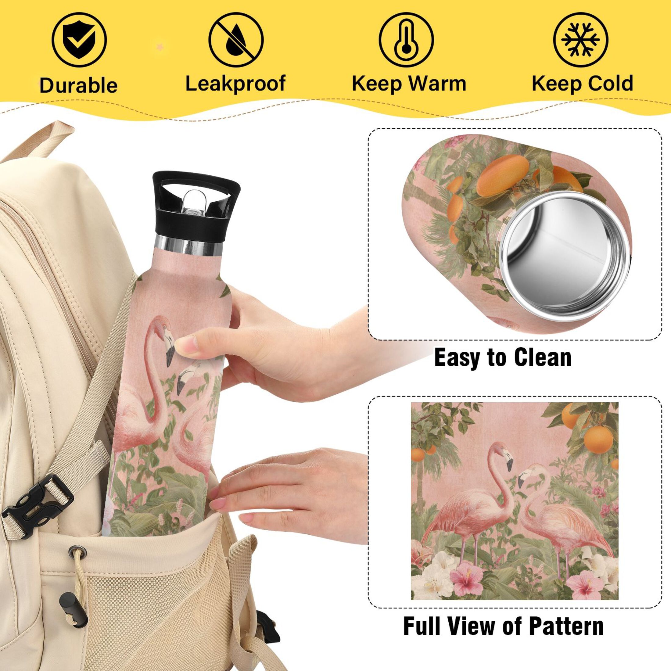 Kids Insulated Stainless Steel Sports Water Bottle 600ml (20oz) Flamingos in Tropical Garden
