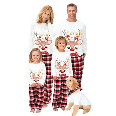 

Family Matching Christmas Pajamas Sets Long Sleeve Elk Print TopsPlaid Pants or Jumpsuit