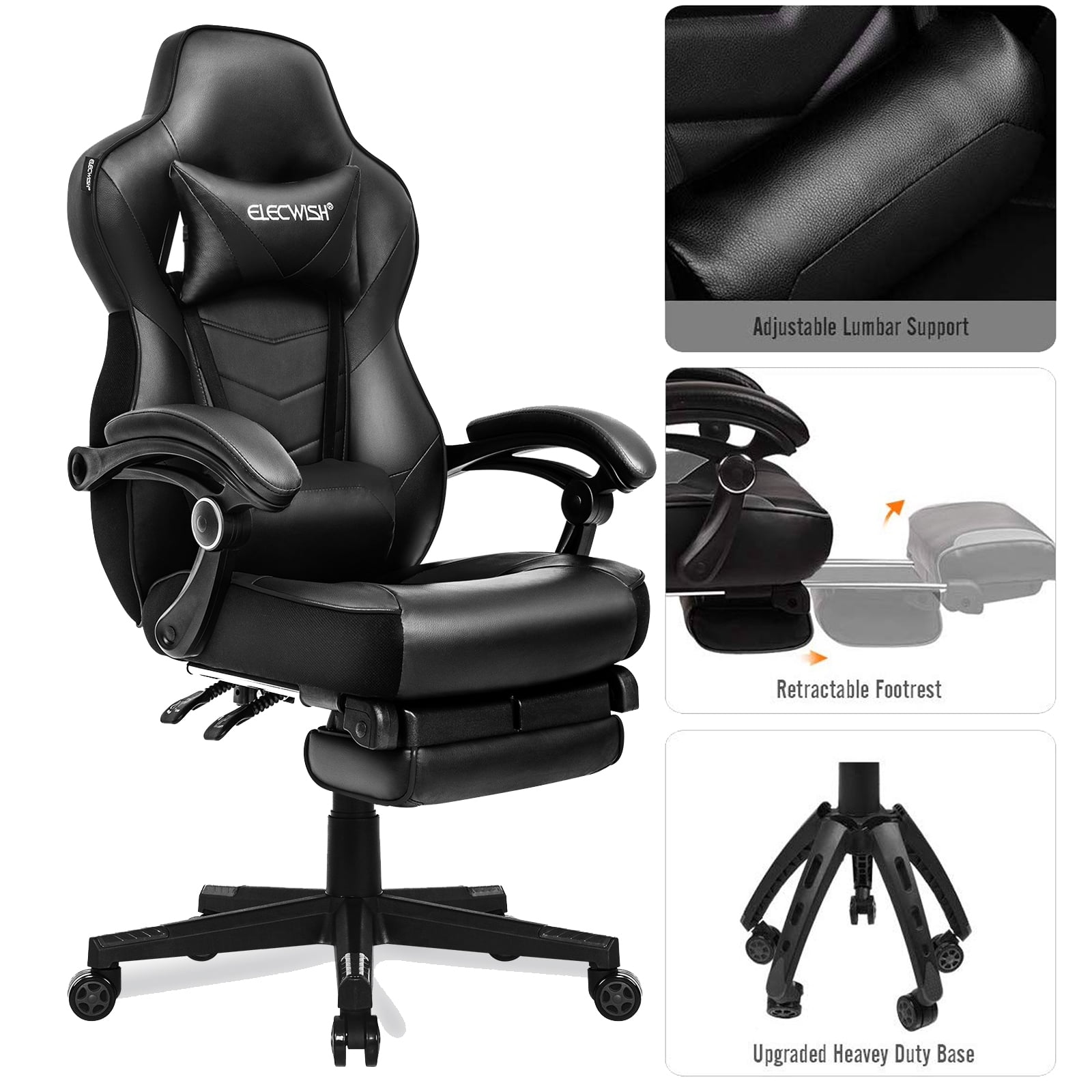 Leather Gaming Racing Chair Office Executive Recliner Adjustable w/ Mini Pillows 