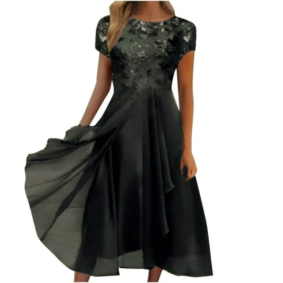YDDIAN Tea Length Mother of The Bride Dress with Sleeve Lace Chiffon Formal Evening Party Gowns for Women Black S