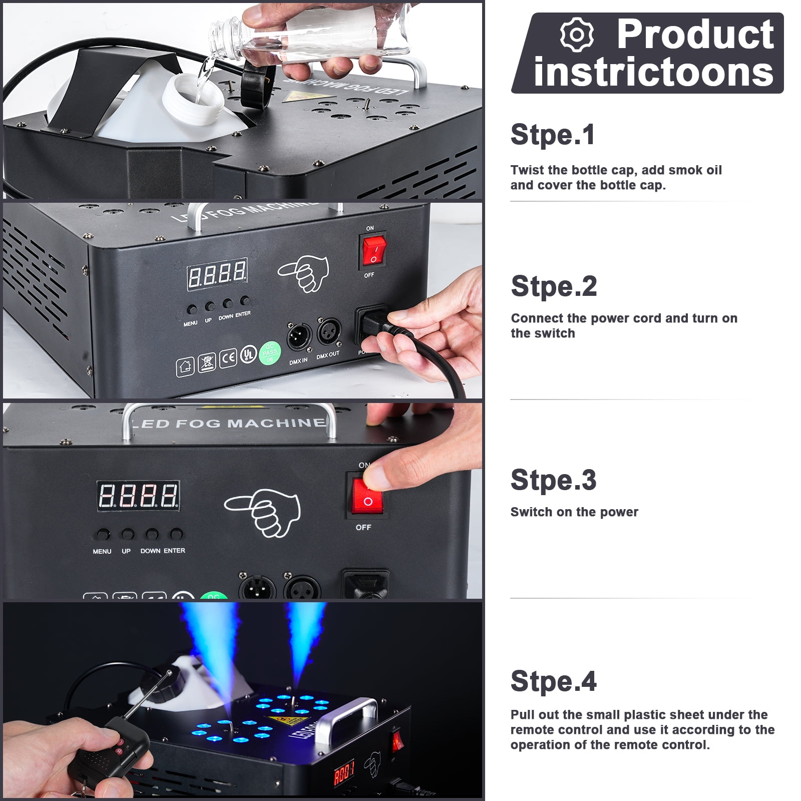 Smoke Fog Machine 2000W  Double-tube Adjustable Smoke Machine DMX512 8+8 RGB Led Stage Colorful Spray Equipment for Stage Performance Wedding Banquet